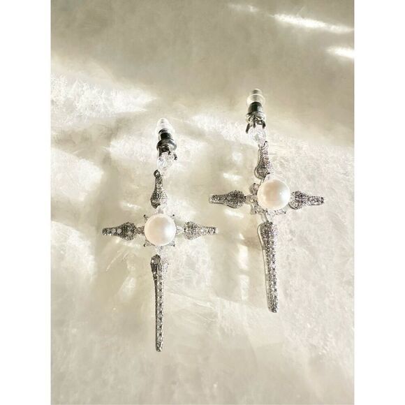 Faux Pearl cross dangle earrings ￼ - Picture 1 of 3